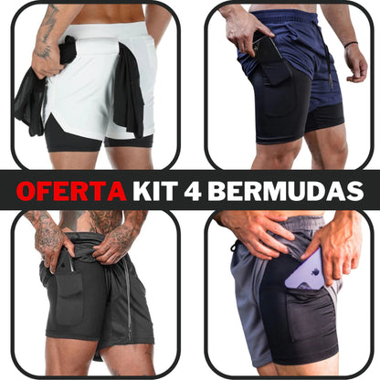 Kit Shorts Esportivos 2 em 1 com Bolsos e Compressão - Academia & Corrida