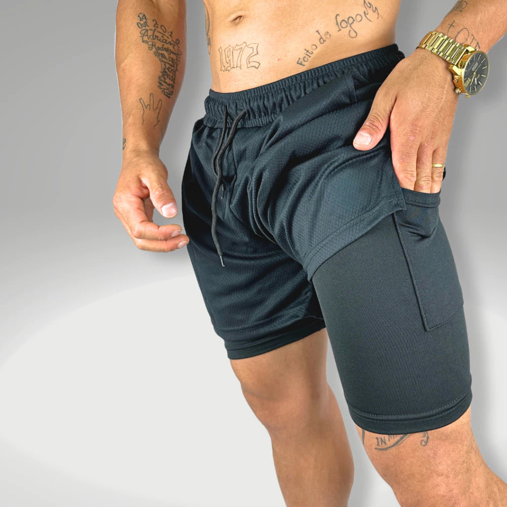 MaxFit 2 em 1 - Shorts Fitness com Forro e Suporte para Celular