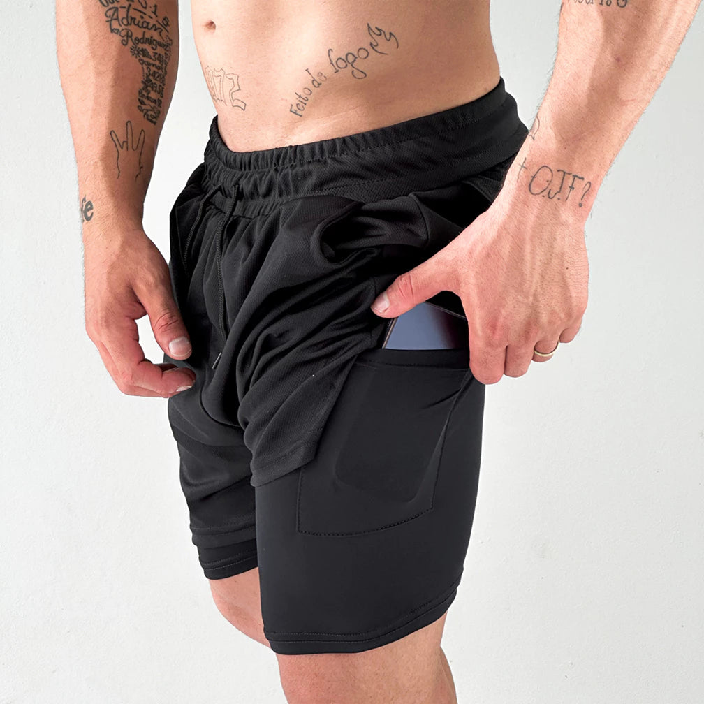 MaxFit 2 em 1 - Shorts Fitness com Forro e Suporte para Celular